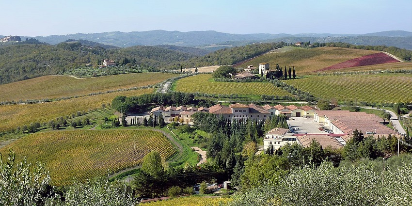 Rolling Tuscan hills with vineyards, olive groves, and rustic farmhouses in the countryside.
