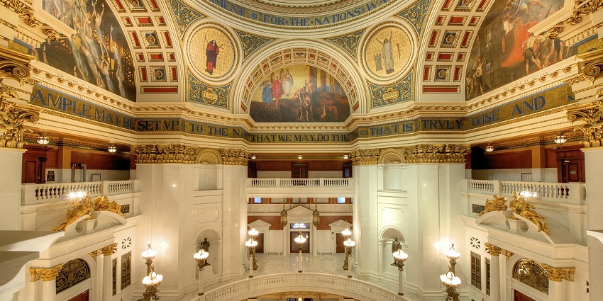 Explore the intricate Rotunda murals, one of the iconic things to do in Harrisburg PA in December.