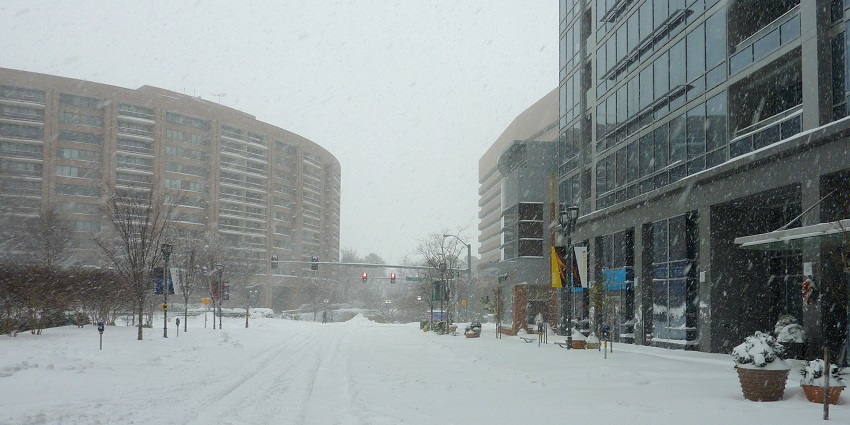 Snow-covered street in Crystal City with bare trees and brick buildings on a winter day.