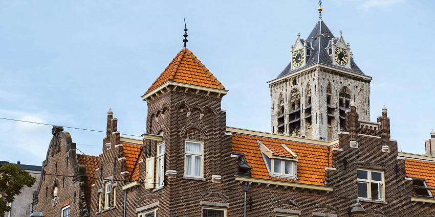 Traditional Dutch building in Delft city center with classic architecture.