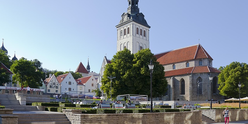 Historic Church of St. Nicholas in Tallinn, Estonia with medieval architecture and towers.