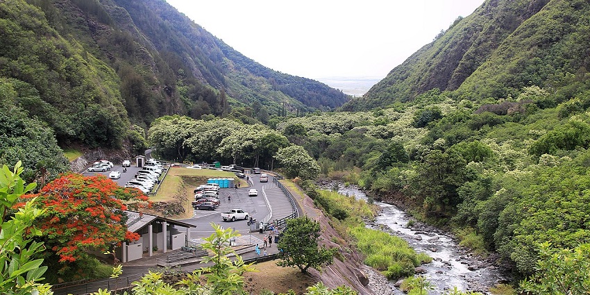 Iao Valley State Park entrance with greenery and vehicles, a must-visit spot for things to do in Maui.
