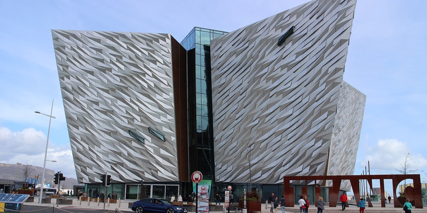 Modern museum with striking ship-like architecture, clad in angular, metallic silver panels, one of the best things to see in Northern Ireland.