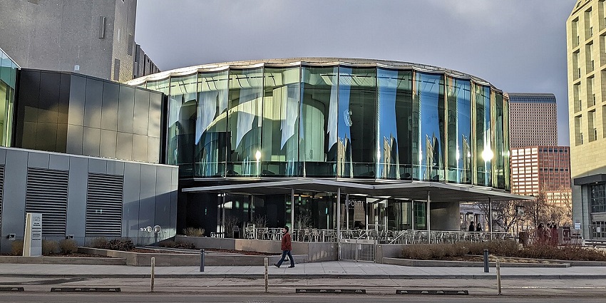 Denver Art Museum's Sie Welcome Centre entrance with its angular glass and metal façade, one of the things to do in Denver Colorado in Winter.