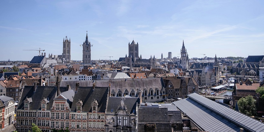 Aerial view of Ghent's historic city center with medieval towers and Flemish architecture, one of the top places to visit near Brussels.