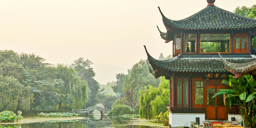 Traditional tea house in Hangzhou surrounded by lush greenery and serene ambiance.