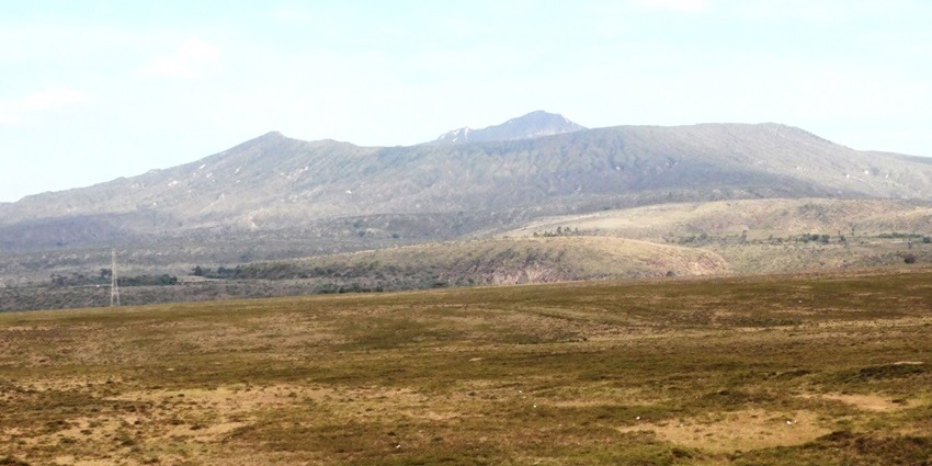 Open grassland with distant rugged mountains under a bright sky and scattered clouds.
