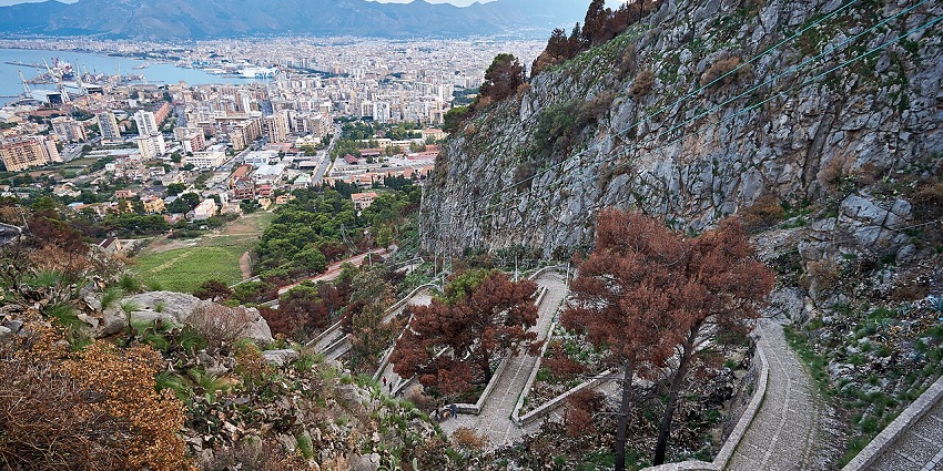 Panoramic view of Palermo cityscape from Monte Pellegrino with mountains in the background.
