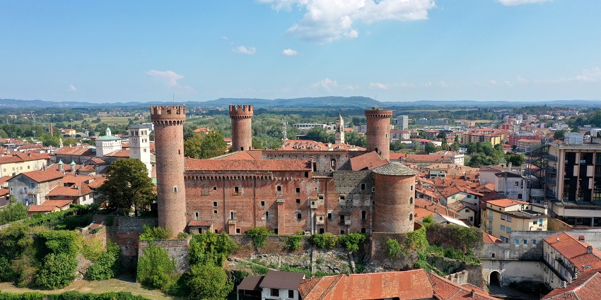 Aerial view of Ivrea, Italy, featuring Italian architectural buildings, scenic places to visit near Turin.