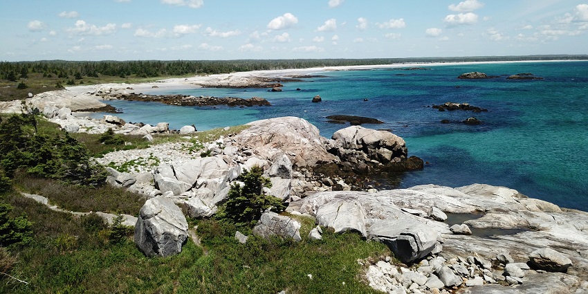 Sea rocks and lush green forest at Kejimkujik National Park under a clear sky.