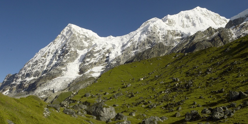 Rathong Mountain towering over alpine meadows in Khangchendzonga National Park.