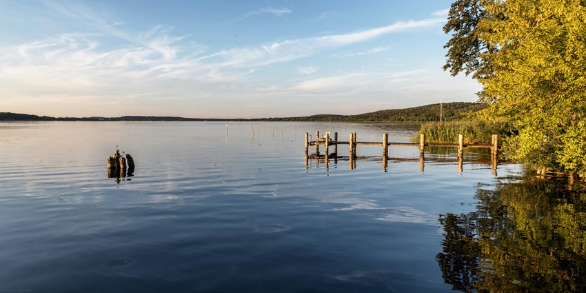 Peaceful Lake Schwielowsee is surrounded by lush trees under a partly cloudy sky.