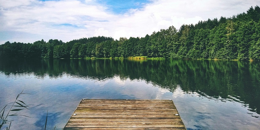 Wooden bridge over lake surrounded by trees in Gratiškės, Lithuania.

