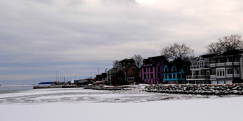 Colorful buildings by the frozen shore of Mahone Bay with dried trees in the background.