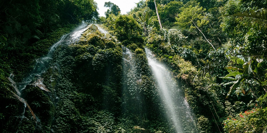 Waterfall surrounded by lush jungle in Royal Belum State Park, Malaysia.