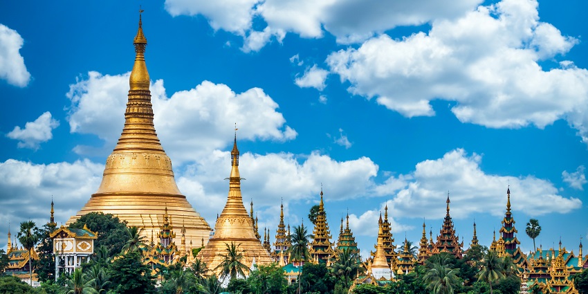 Shwedagon Pagoda with golden spires, a sacred site among remarkable places to visit near Nepal.
