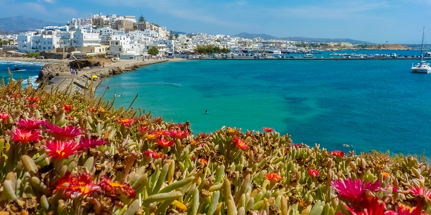 Panoramic view of Chora in Naxos with whitewashed buildings and narrow lanes.