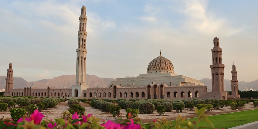 The Sultan Qaboos Grand Mosque in Muscat, of the top places to visit near Oman.