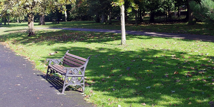 Relax on a quiet bench surrounded by green trees in Manor Park, a top pick for things to do in Glossop.
