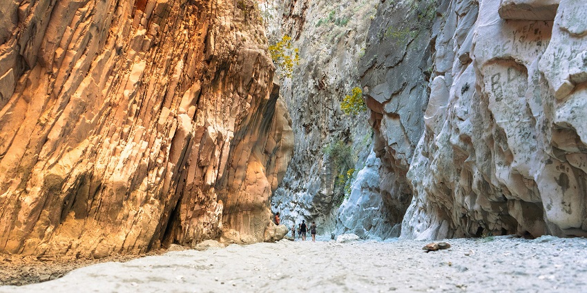 Narrow rocky gorge with flowing water and high canyon walls surrounded by nature.