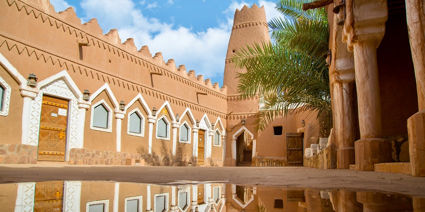 Traditional mud-brick village with narrow alleys, wooden doors, and historic architecture.