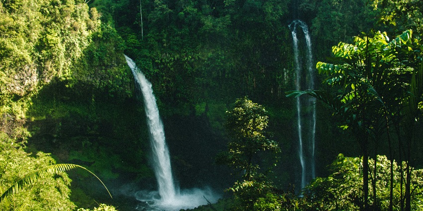 Waterfall surrounded by lush green forest at Curug Leuwi Hejo, Sentul City.
