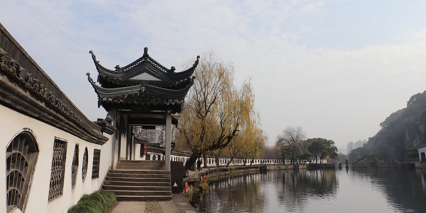 Scenic view of traditional houses and waterways in Shaoxing village near Shanghai.