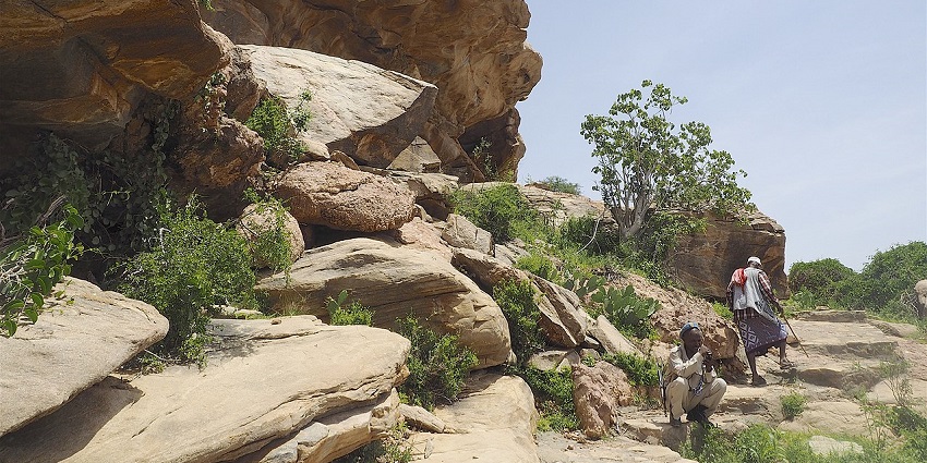 Ancient rock art on the walls of Las Geel caves in Somaliland with natural stone surroundings.