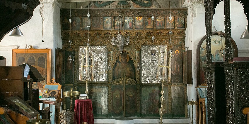 Inside the historic church of Panagia Protothroni, with detailed interior architecture.