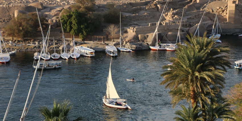 Sailboats float on a calm river with rocky ruins and palm trees along the sunlit shoreline.