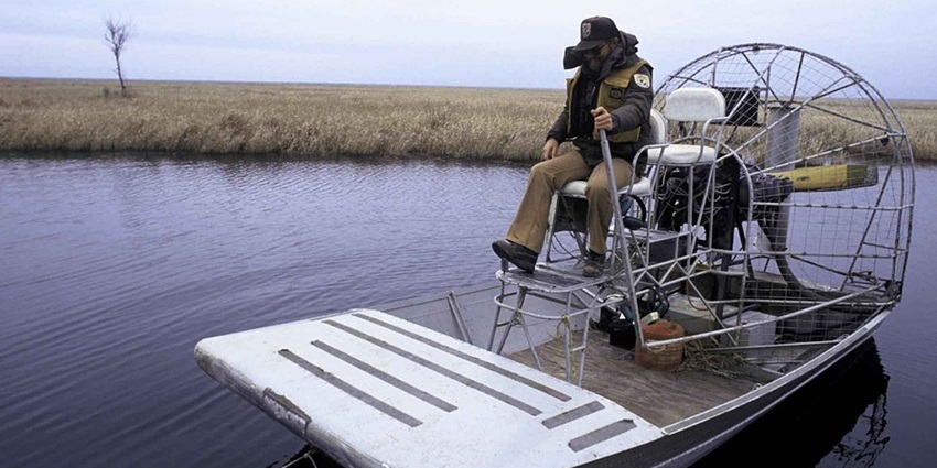 A long flat-bottomed airboat glides through swamp waters piloted by a person wearing a hat.