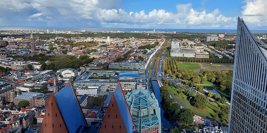 The Hague and Scheveningen from above, with modern architectural buildings, one of the places to visit near Rotterdam.