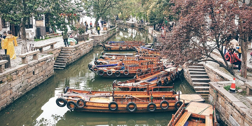 Traditional canals and ancient architecture at Tongli Water Town near Shanghai.