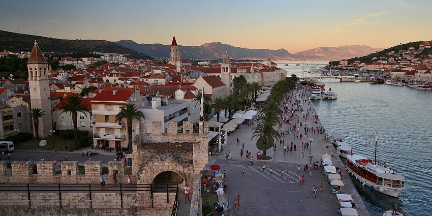 Trogir from above with a water body of a river, multiple boats, one of the top places to visit near Split.
