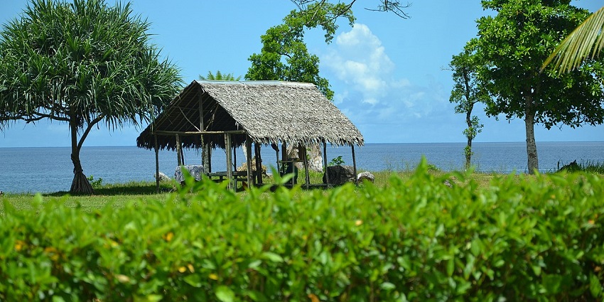 A hut surrounded by lush greenery and a vast blue water body in Vanuatu.