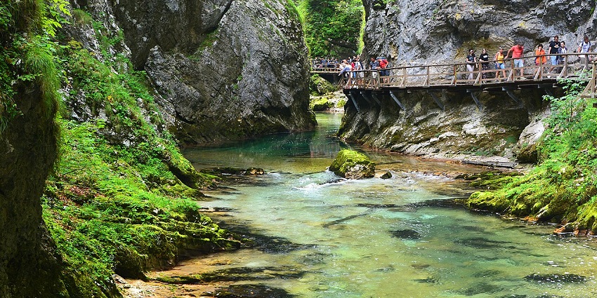 Clear stream through mossy canyon with cliffside paths, scenic places to visit near Ljubljana.