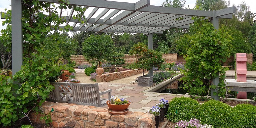 The garden at Denver Botanic Gardens is surrounded by lush greenery, flowers, and tall trees.