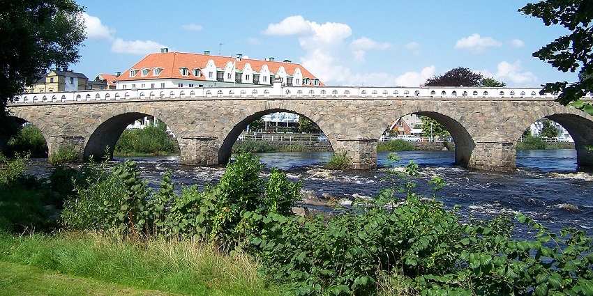 Tullbron, an 18th-century stone bridge over the Ätran River in Falkenberg, is one of the things to do in Falkenberg Sweden.