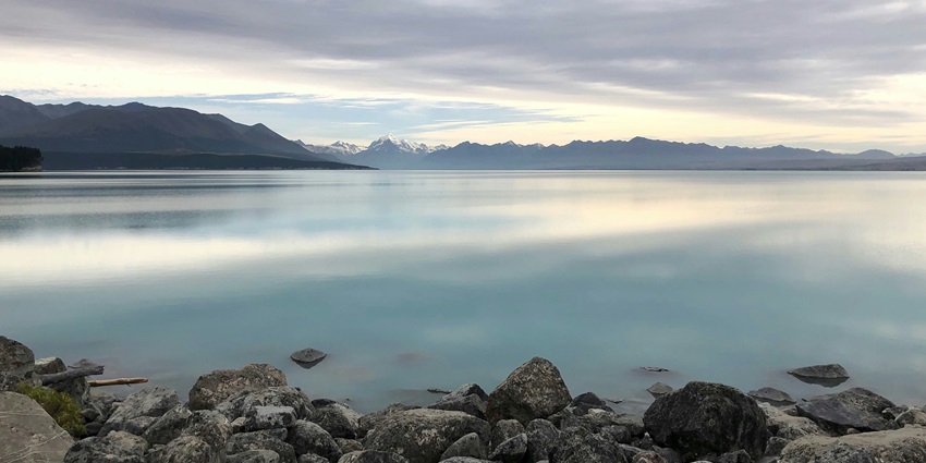 Lake Wairarapa with calm waters surrounded by lush greenery and peaceful natural beauty.