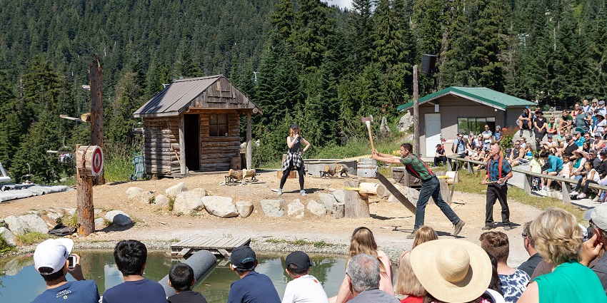 Lumberjack feud with a person throwing an axe at the target, and people watching the competition.
