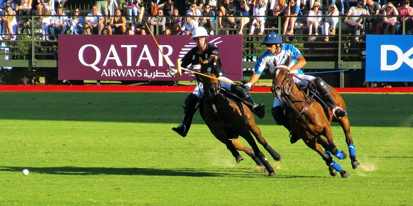 Man riding a horse on a grassy polo field during a match at Holders Hill in Barbados.