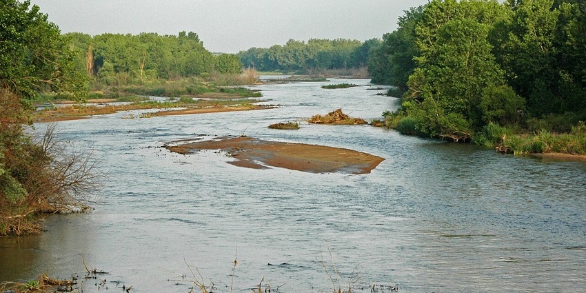 Wide, shallow river flowing through a lush green forest, with sandbars and calm waters.