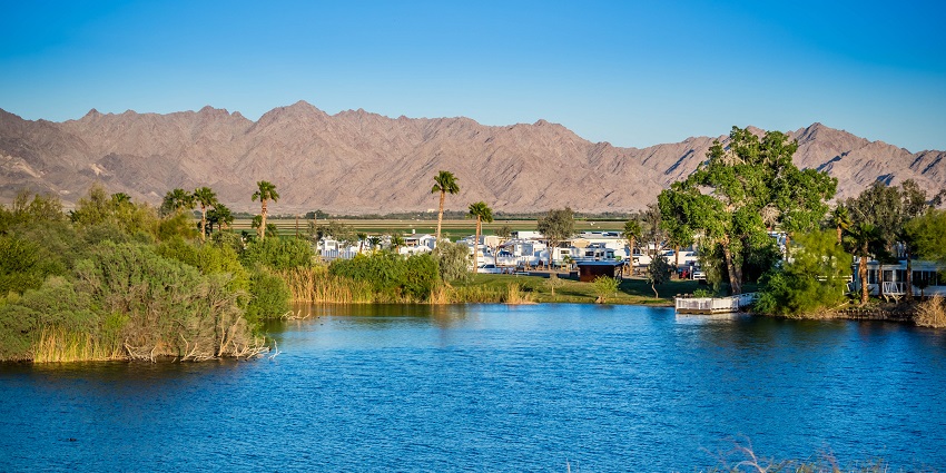 View of water in Yuma with distant mountains and green bushes along the shore.