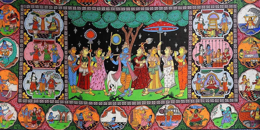 Traditional Odisha Pattachitra painting showcases vibrant colors and intricate mythological designs.