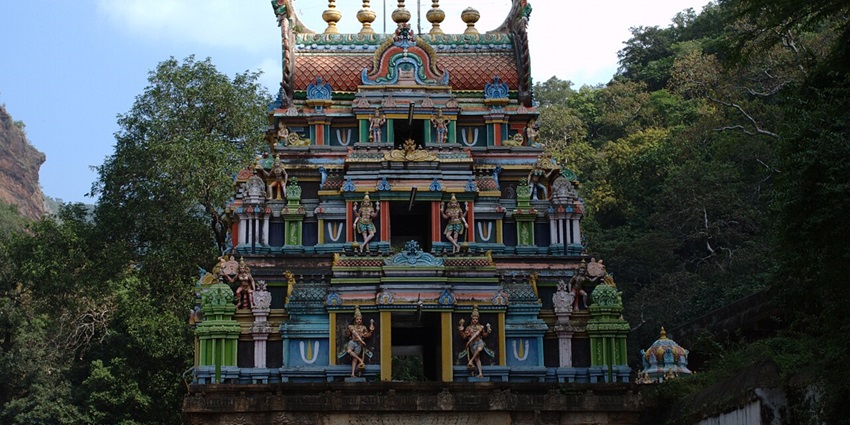 Colourful gopuram of Upper Ahobilam Temple, one of the top places to visit near Brahmamgari Matam.