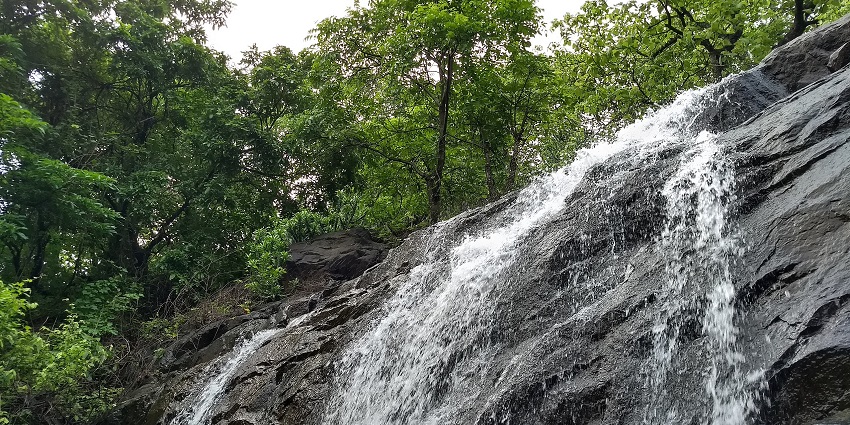 Water cascading down rocks with lush green trees in the background under a cloudy sky.
