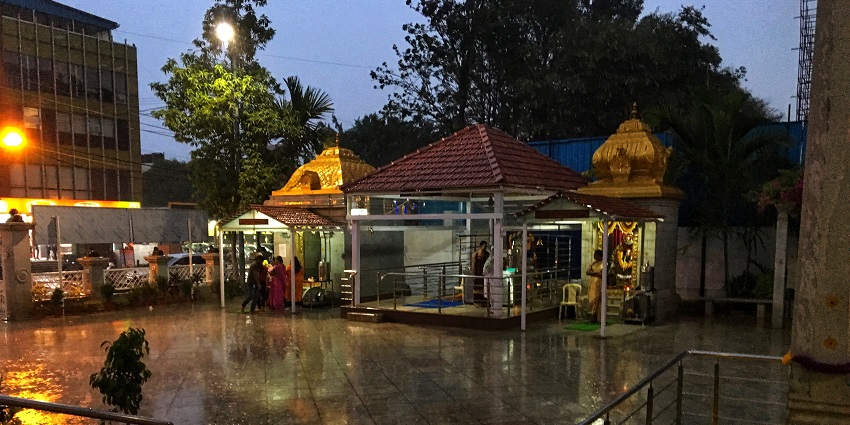 Rain wets the floor of the courtyard of the Basaveshwara Gayathri Temple in Bangalore.