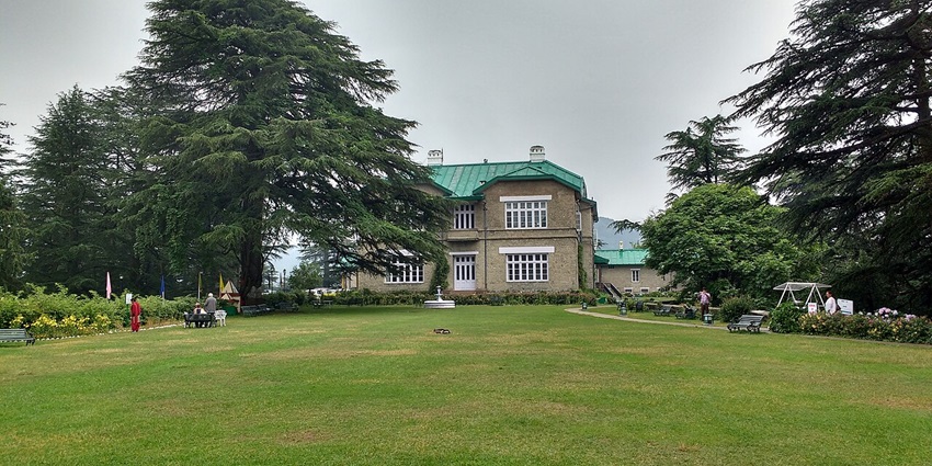 Historic Chail Palace with a green roof, surrounded by lush lawns and tall cedar trees.
