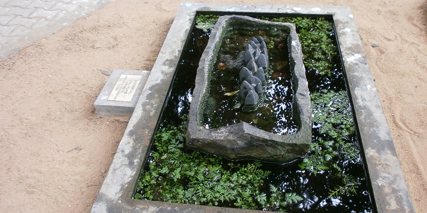 A stone sculptured fountain surrounded by water plants at Cholamandal Artists' Village, Chennai