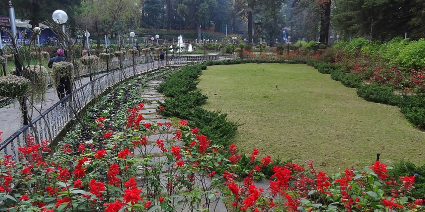 Flower nursery at the company garden with tall green trees, walking trail, one of the top places to visit in Mussoorie near Kempty Falls.
